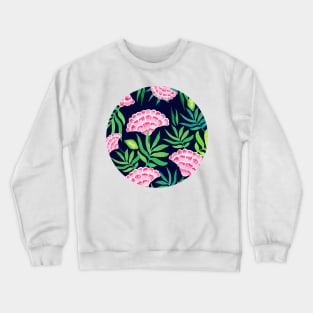 Tropical flowers watercolor pattern on dark blue background Crewneck Sweatshirt